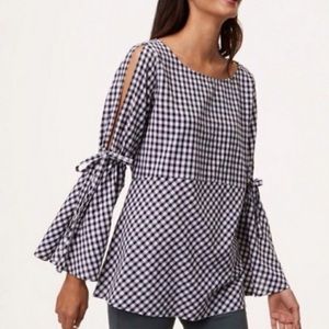 LOFT Black & White Gingham Split Bell Sleeve Blouse
